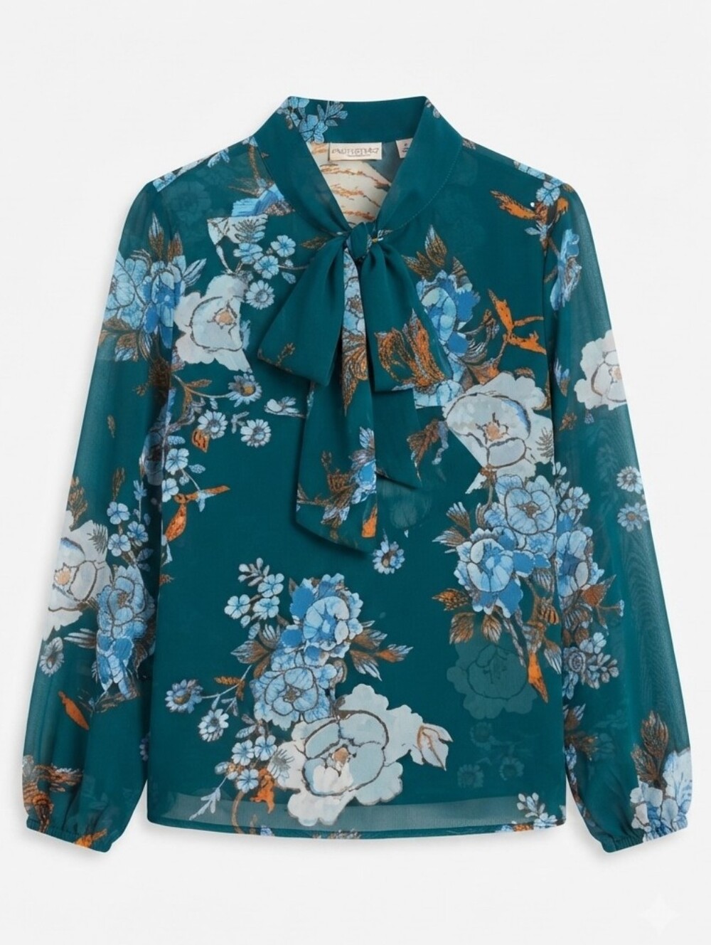 Eva Mendes New York & Company Teal Floral Chiffon Tie-Neck Blouse – Size S